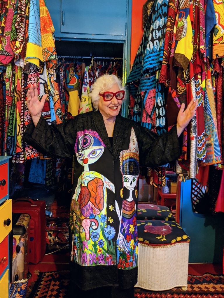 Sue Kreitzman in her flat. Colourful maximalism.